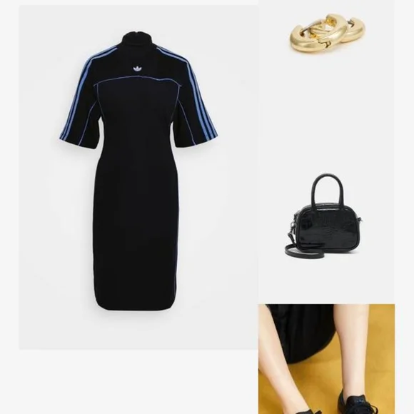 Adidas Originals Mock Collar Fitted Dress Black/Blue Sizes XS and S NWT - Picture 4 of 7